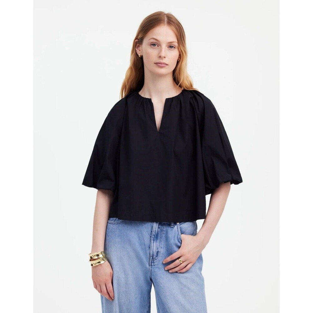 MADEWELL Bubble-Sleeve Top in Poplin 6 True Black V-Cut Crew Neck NWT B51